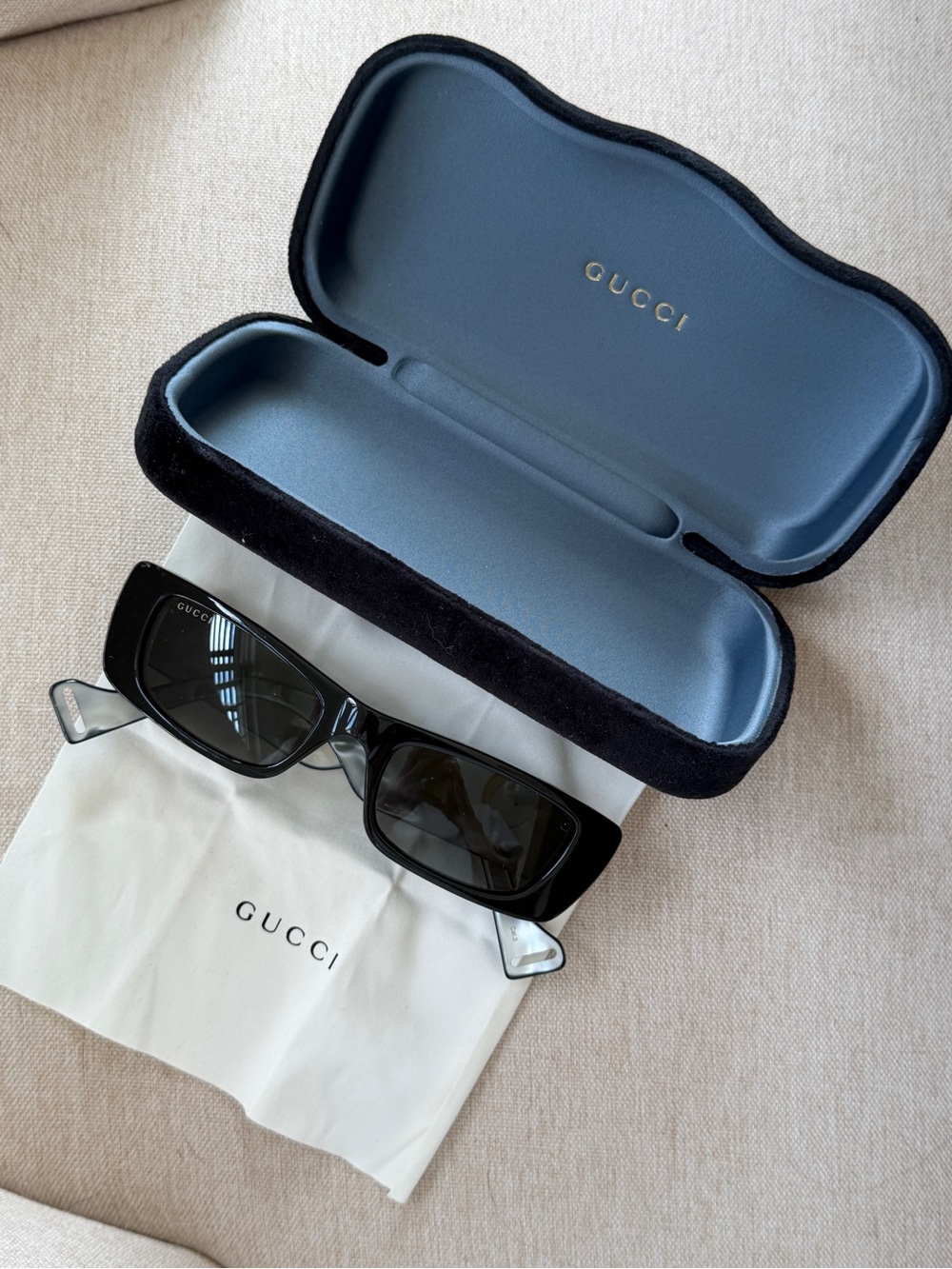 Gucci Black Rectangular Sunglasses with Blue Lined Case